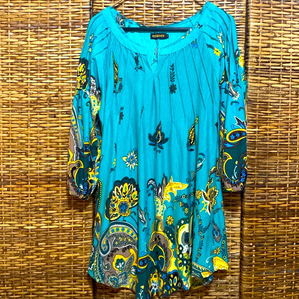EUC Reborn green, yellow floral dress/tunic L